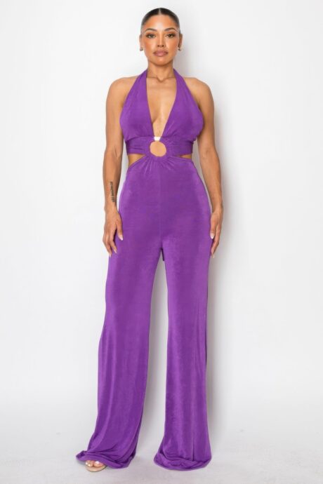 Solid Slinky Wide-Leg Jumpsuit – Polyester & Spandex, O-Ring Detail, Relaxed Fit for Comfortable, Flattering Silhouette, Ideal for Various Events